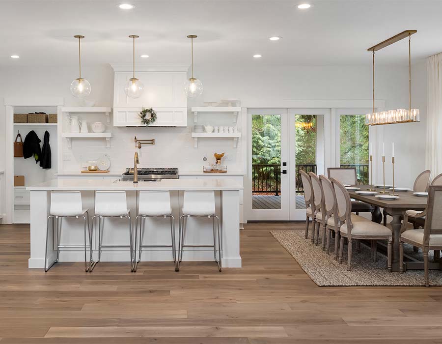 Dining room and kitchen in open airy home